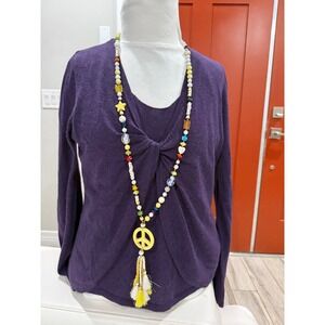 KR Peace Love Beaded Tassel Necklace Yellow Boho Long Mixed Media Statement